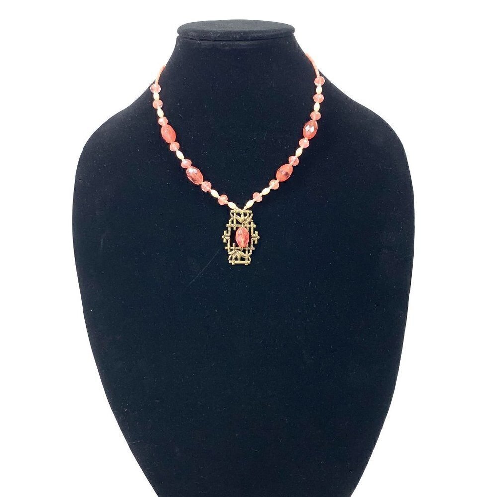 Beaded Necklace With filagree Metal Pendant Pink/Gold 18"L